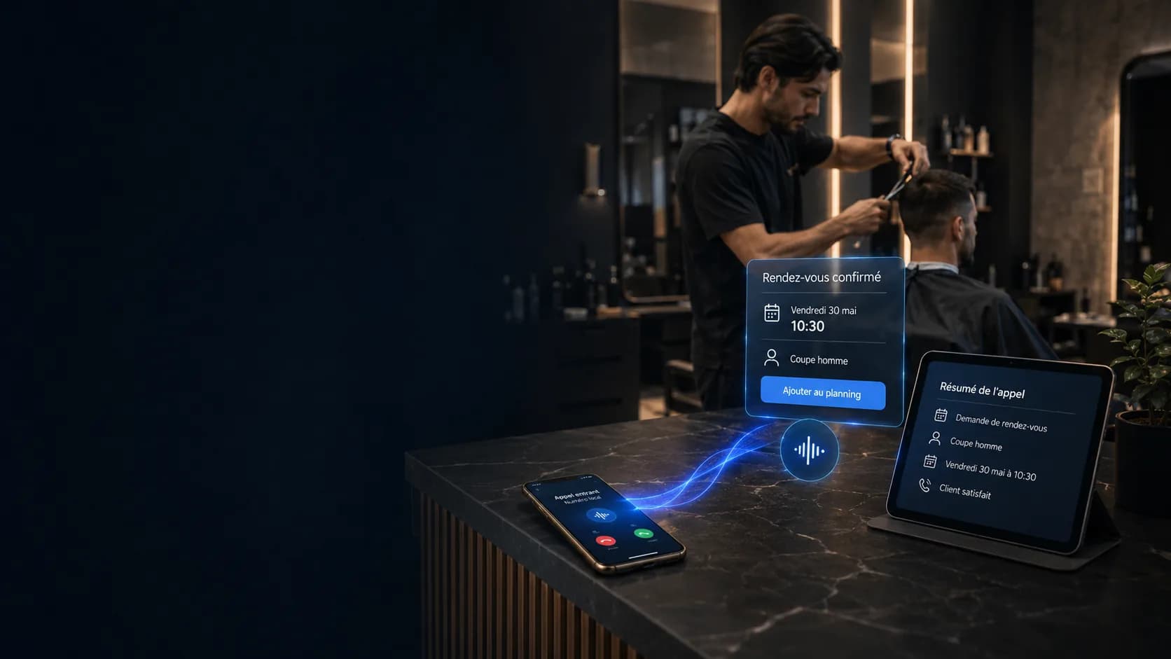 Un rendez-vous confirmé dans un salon avec résumé d’appel Frayor.