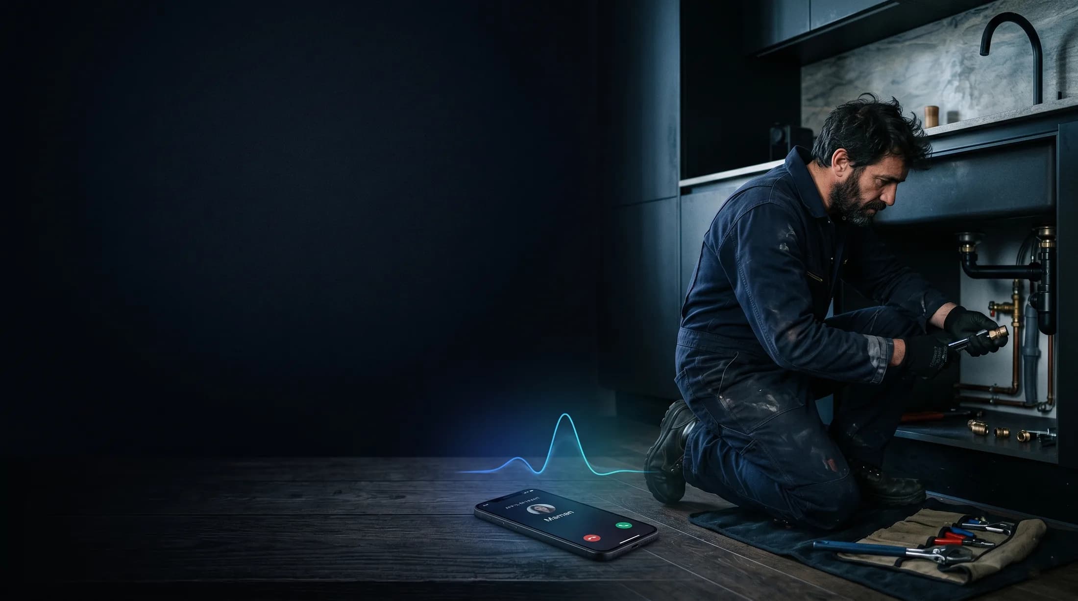 Assistant vocal Frayor qui répond aux appels pendant qu’un artisan travaille.