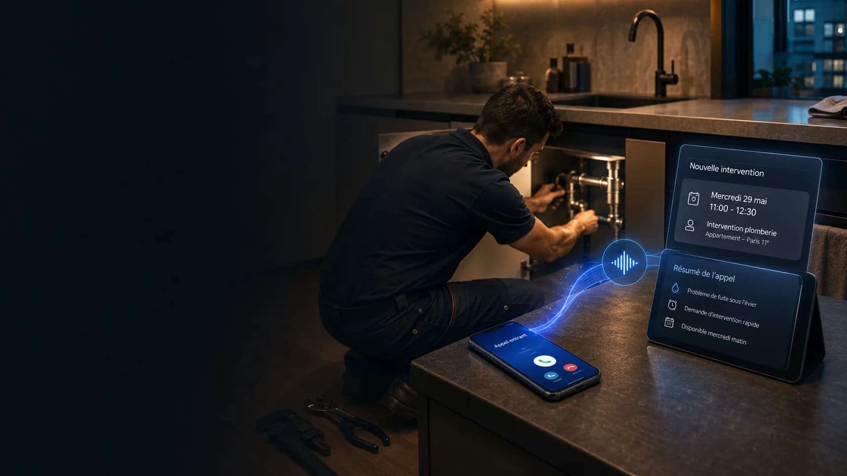 Plombier en intervention pendant que Frayor transforme un appel en nouvelle intervention.