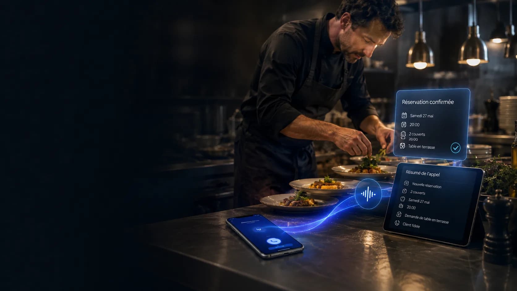 Une réservation restaurant confirmée avec résumé et action visible.